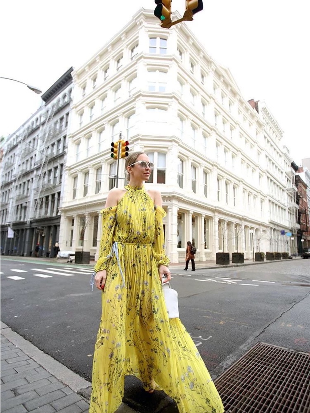 Self-Portrait Yellow Floral Cold-Shoulder Pleated Maxi Dress